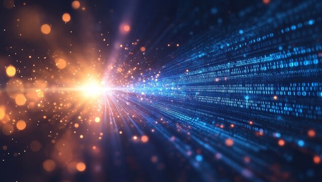 Abstract digital data stream, binary code, glowing particles, light burst.