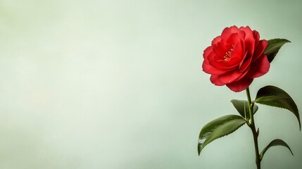 Obraz premium A solitary red camellia against a soft green backdrop, close-up shot, Bold style