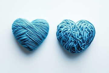 Two blue yarn hearts on white background.