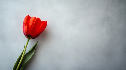 Obraz premium A solitary red tulip in a soft gray background, overhead shot, Modern style