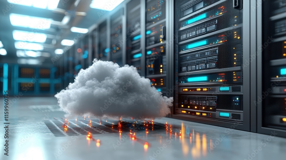 Poster a cloud floats near a row of servers, symbolizing cloud computing and data storage technology in a m