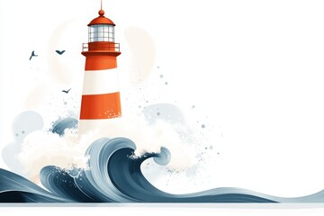 A playful 2D cartoon of IJmuiden lighthouse with waves crashing around it, drawn in bold colors on a clean white background