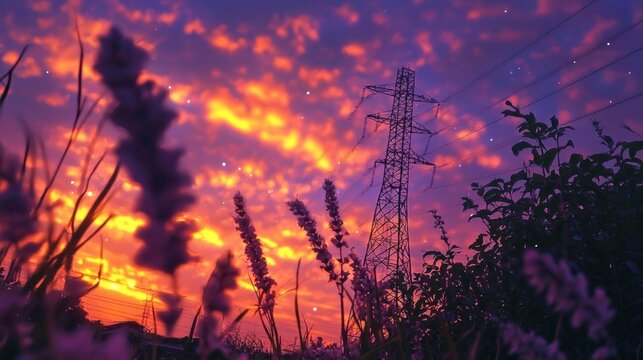 Vibrant sunset sky with power lines and wildflowers. - Powered by Adobe