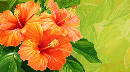 A vibrant cluster of orange hibiscus flowers with large, showy petals, on a bright tropical green background that brings to mind lush rainforests
