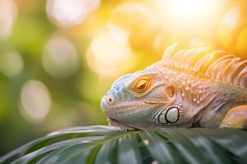 Fototapeta premium A serene iguana resting under a canopy of palm leaves, with soft sunlight filtering through the foliage