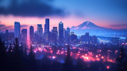 Obraz premium Cityscape at dawn, majestic mountain backdrop.