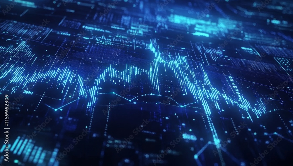 Poster abstract blue digital data stream with glowing chart.