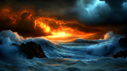 Fototapeta premium Dramatic ocean waves crashing against rocks during a fiery sunset, with dark and stormy clouds filling the sky. A breathtaking display of nature's power and beauty.