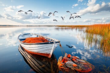 Fototapeta premium A small fishing boat moored along the IJsselmeer, with nets hanging and seagulls flying overhead