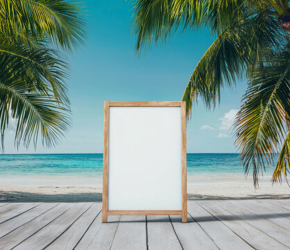 Blank menu board stand At the beach
