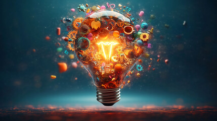 A vibrant illustration of a glowing light bulb bursting with colorful objects, perfect for design themes around creativity, innovation, and brainstorming events.