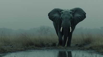 Obraz premium Majestic elephant facing camera in misty savanna.