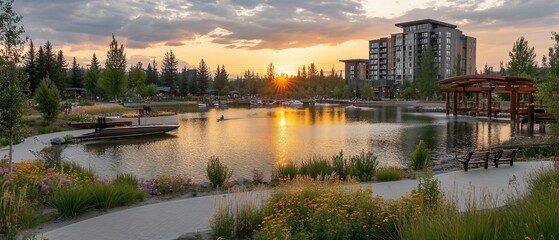 Obraz premium Sunset over calm lake with modern buildings and park.