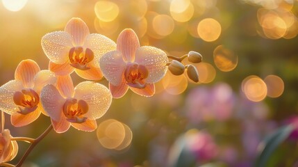 Dewy peach orchids in golden sunset light.