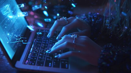 Woman typing on laptop, glowing email icons.