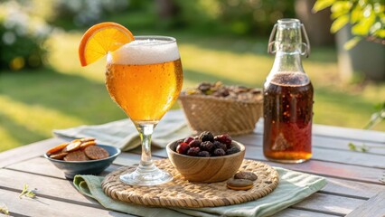 Belgian Lambic Beer in Tulip Glass with Snacks on Table