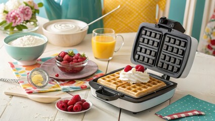Brunch Display Featuring Electric Waffle Maker and Fresh Fruits