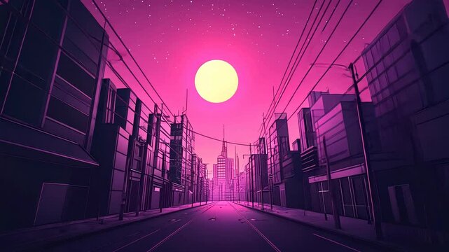 A purple-pink sky, city street with buildings and wires, anime style, lofi, digital art, high resolution, high detail, simple, vector art, 