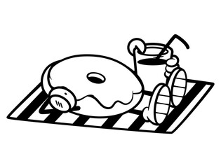 Cute little donuts cartoon characters listening music with earphones, sunbathing at the beach, and drinking lemonade. Best for outline, logo, and coloring book with summer themes for kids