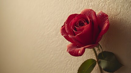 Delicate Red Rose Blooming Against Soft Wall Nature Close-Up Serene Environment Floral Beauty