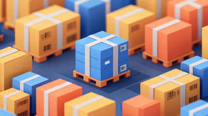 Supply chain management logistics technology. Colorful stacked boxes on pallets in a warehouse setting.