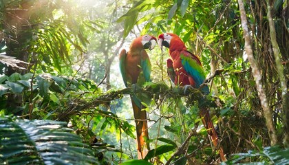 Colorful Parrots Perched Among Exotic Jungle Vines in a Sunlit Rainforest