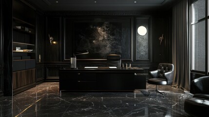 Fototapeta premium Dark Luxury Office Interior Design: Opulent Black Marble and Modern Furnishings
