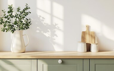 Simple and clean kitchen design with a vintage milk jug, light wood countertop, green cabinets, and white walls. High resolution.