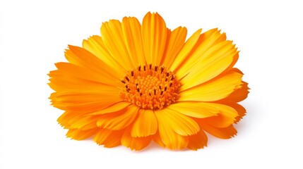 An intricate shot of a vibrant orange calendula with numerous petals and a central disc floret, isolated white background, minimalistic art style