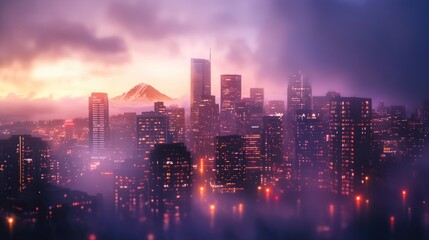 Obraz premium Foggy city skyline at sunset, mountain in background.