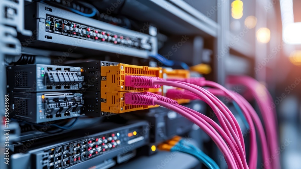 Poster a close-up view of network server hardware featuring colorful cables, illustrating modern data conne