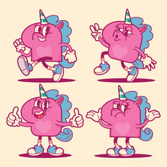 Cute Unicorn collection in retro style
