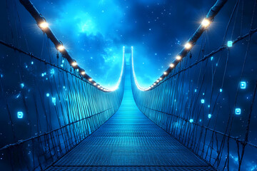 Obraz premium Illuminated suspension bridge spanning a cosmic void, leading towards a bright horizon. Perfect for fantasy, sci-fi, or spiritual concepts.