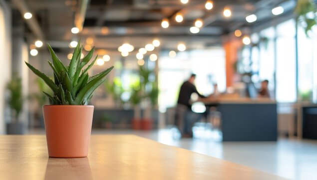 Small succulent plant in terracotta pot on a wooden table in a modern office.