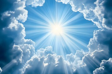 Bright sun shines above fluffy clouds in a blue sky.
