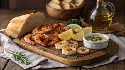 Rustic Seafood Platter with Fresh Ingredients and Breads