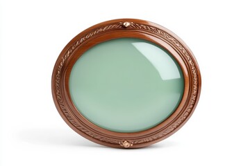 Round wooden framed ceiling light fixture with a pale green glass shade.