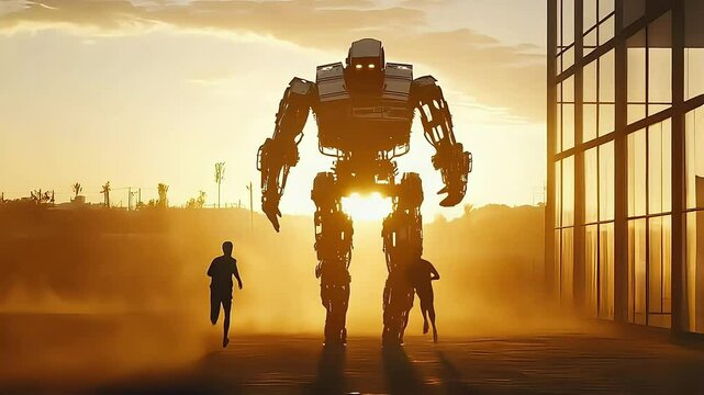 Two people marvel at a giant robot silhouette against a stunning sunset.