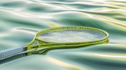 Lime green tennis racket floats on calm water.