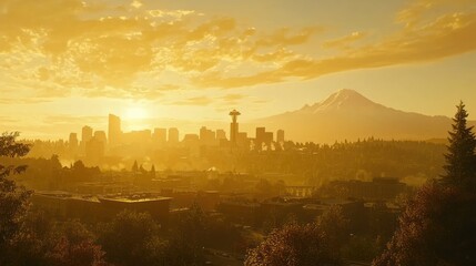 Golden sunrise over city skyline and mountain.