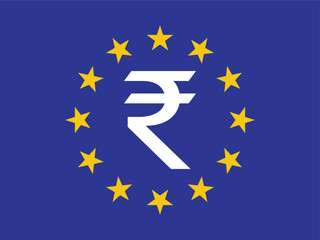 Indian Rupee symbol overlaid on the European Union Flag.