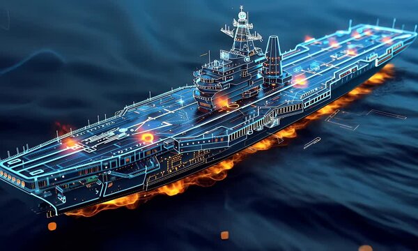 A futuristic aircraft carrier illuminated with digital effects, showcasing advanced technology at sea.