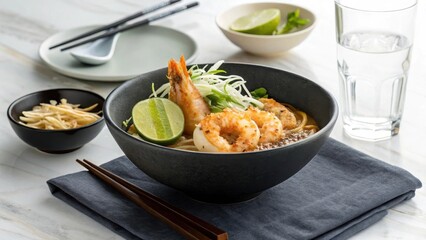 Minimalist Modern Presentation of Laksa with Shrimp and Lime