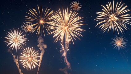 Beautiful fireworks lighting up the sky with golden hues, smoke clouds, and glowing effects, ideal for celebrations, holidays, party themes, festival promotions, or abstract backgrounds.