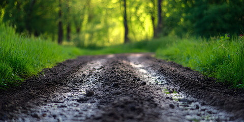 Fototapeta premium Muddy Forest Pathway with Lush Green Surroundings in Bright Daylight : Generative AI