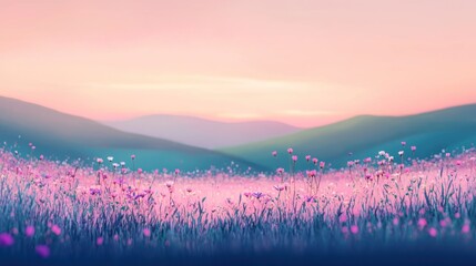 Serene sunset over a field of pink wildflowers and rolling hills.