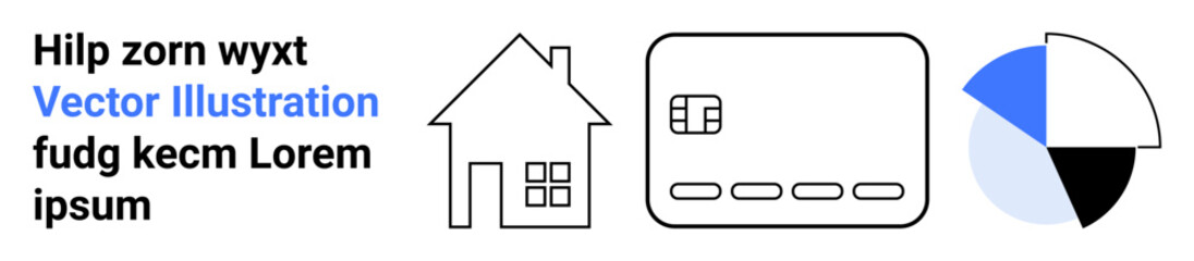 House icon, credit card outline, and pie chart section arranged with placeholder text. Ideal for finance, real estate, infographics, data visualization, web design, marketing materials