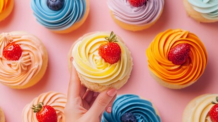 Colorful cupcakes with swirls of icing