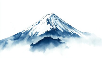 Watercolor painting of snow-capped mountain peak with mist.