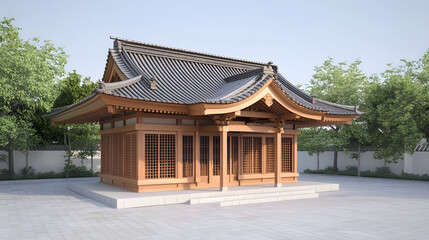 Fototapeta premium Traditional Japanese wooden temple with intricate roof design amidst lush green trees in serene landscape : Generative AI